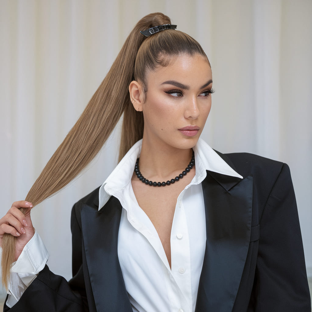 High Ponytail with Sleek Finish and Accessory