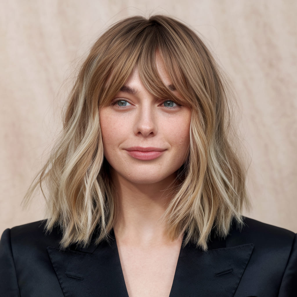 Shoulder Length Shag with Curtain Bangs