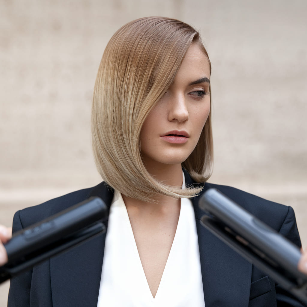 Sleek Mid Length Cut with Deep Side Part