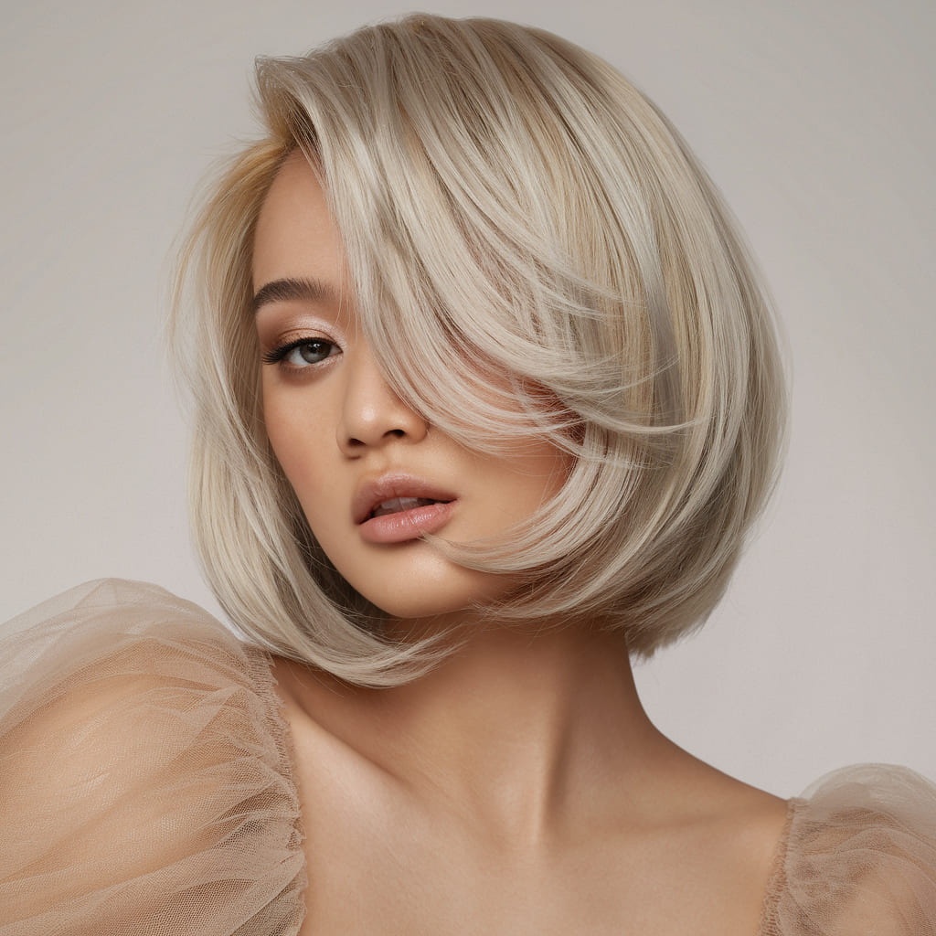 Asymmetrical Bob with Silver Face Framing Highlights