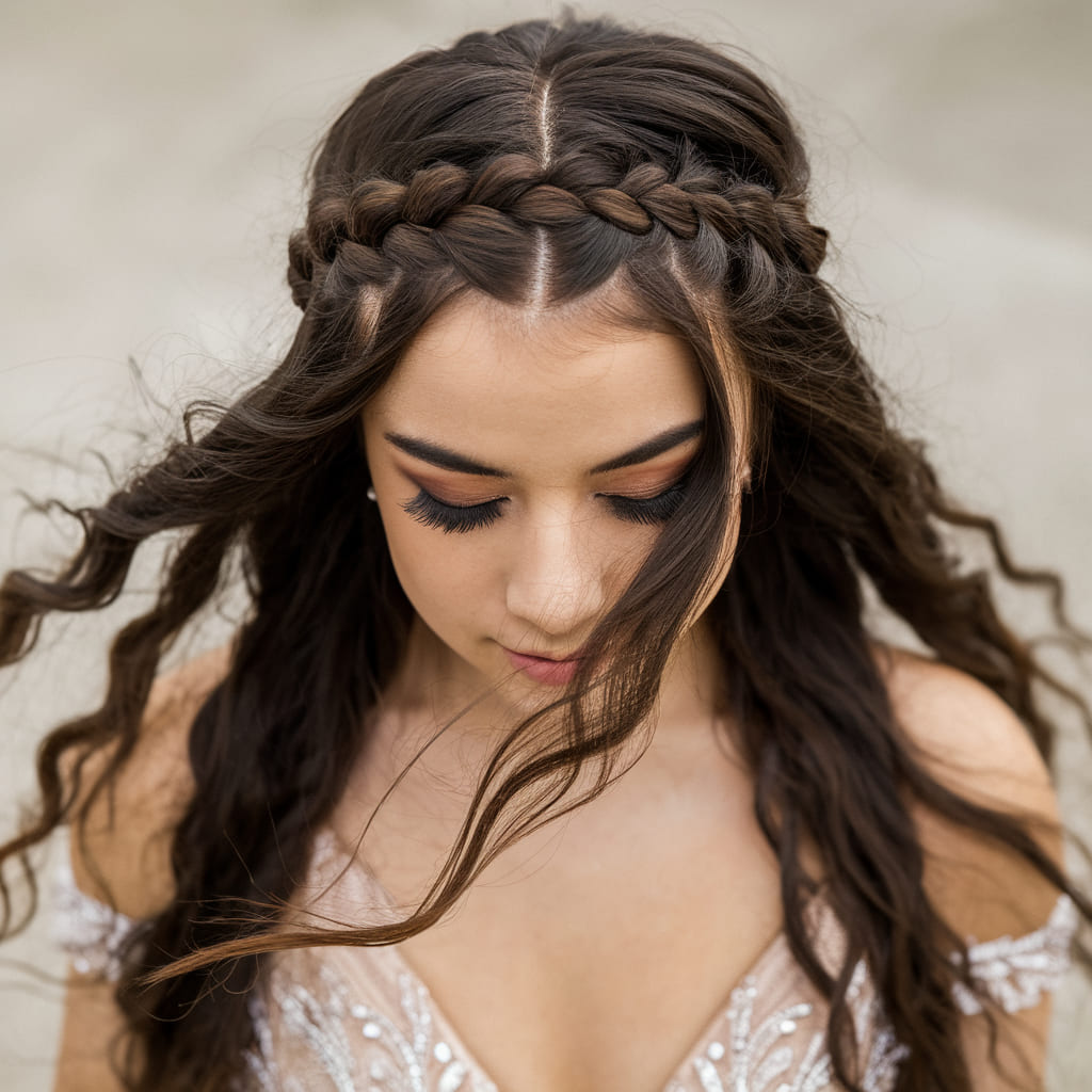 Braided Crown with Free Flowing Prom Hair