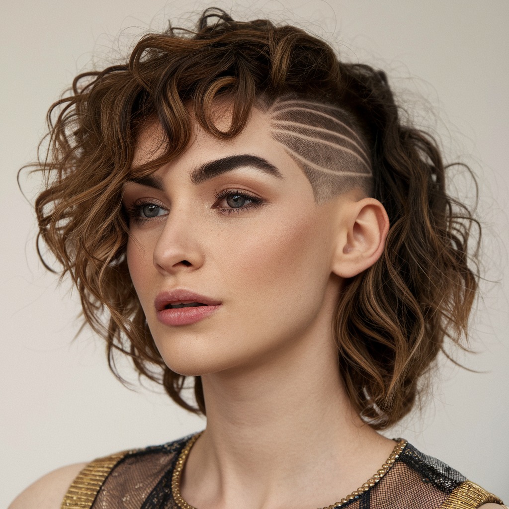 Curly Wolf Cut with a Side Part