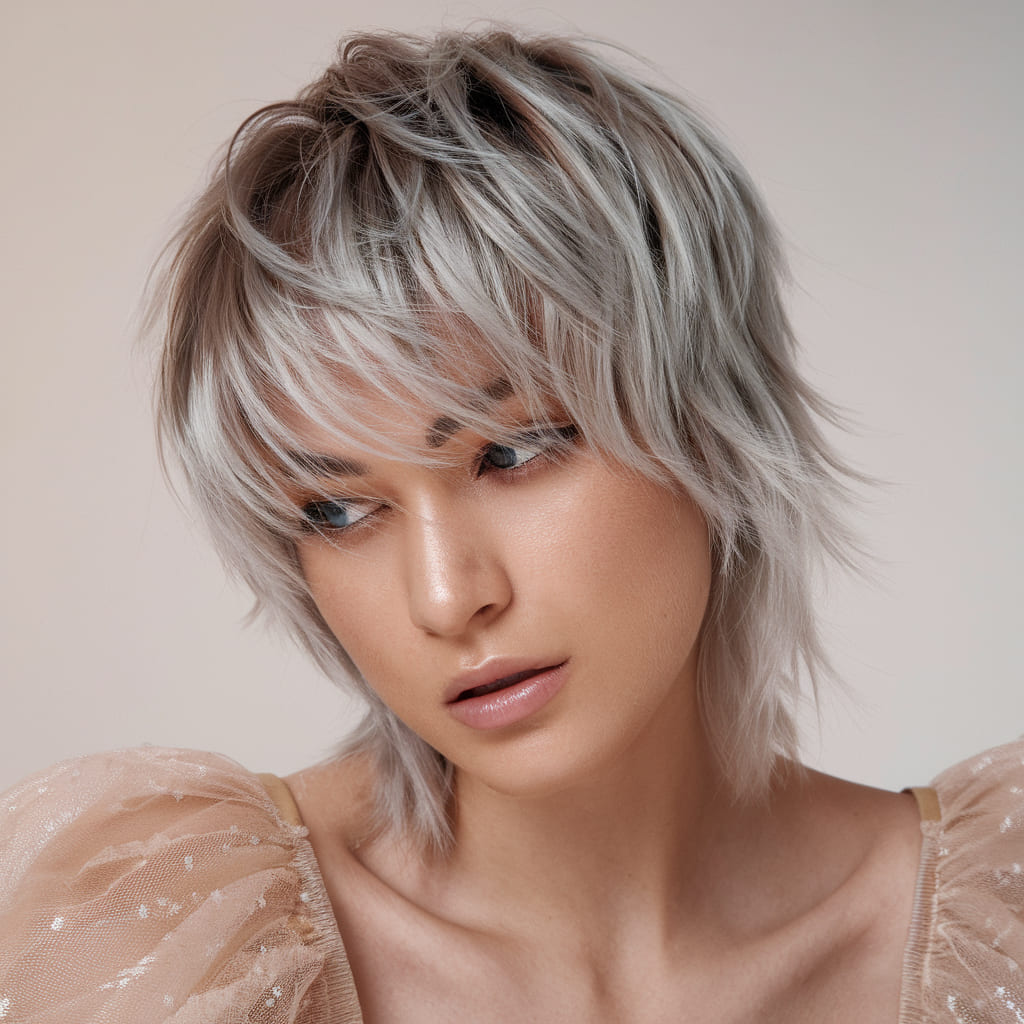 Layered Pixie with Platinum Silver Highlights