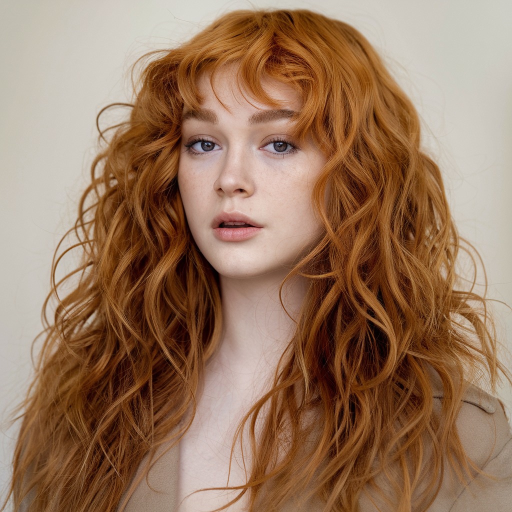 Long Ginger Wolf Cut with Loose Curls