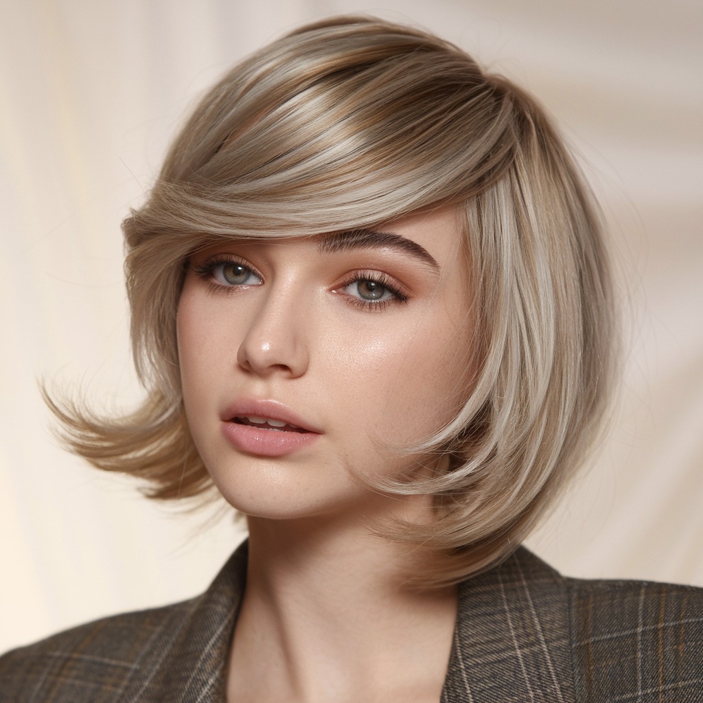 Sleek Layered Butterfly Cut with Side-Swept Bangs