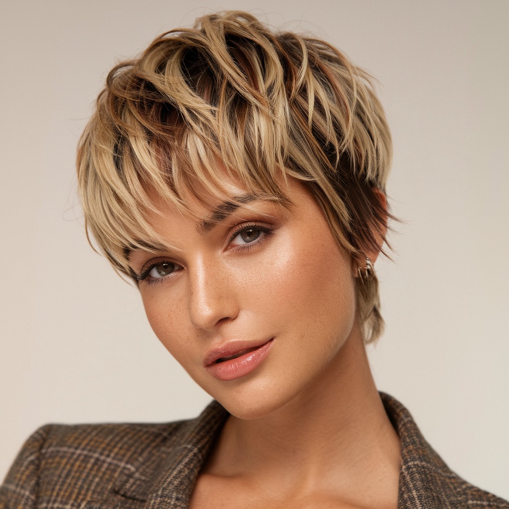 Textured Blonde Pixie with Chocolate Lowlights