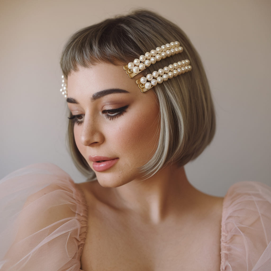 Textured Bob Cut with Pearl Barrettes