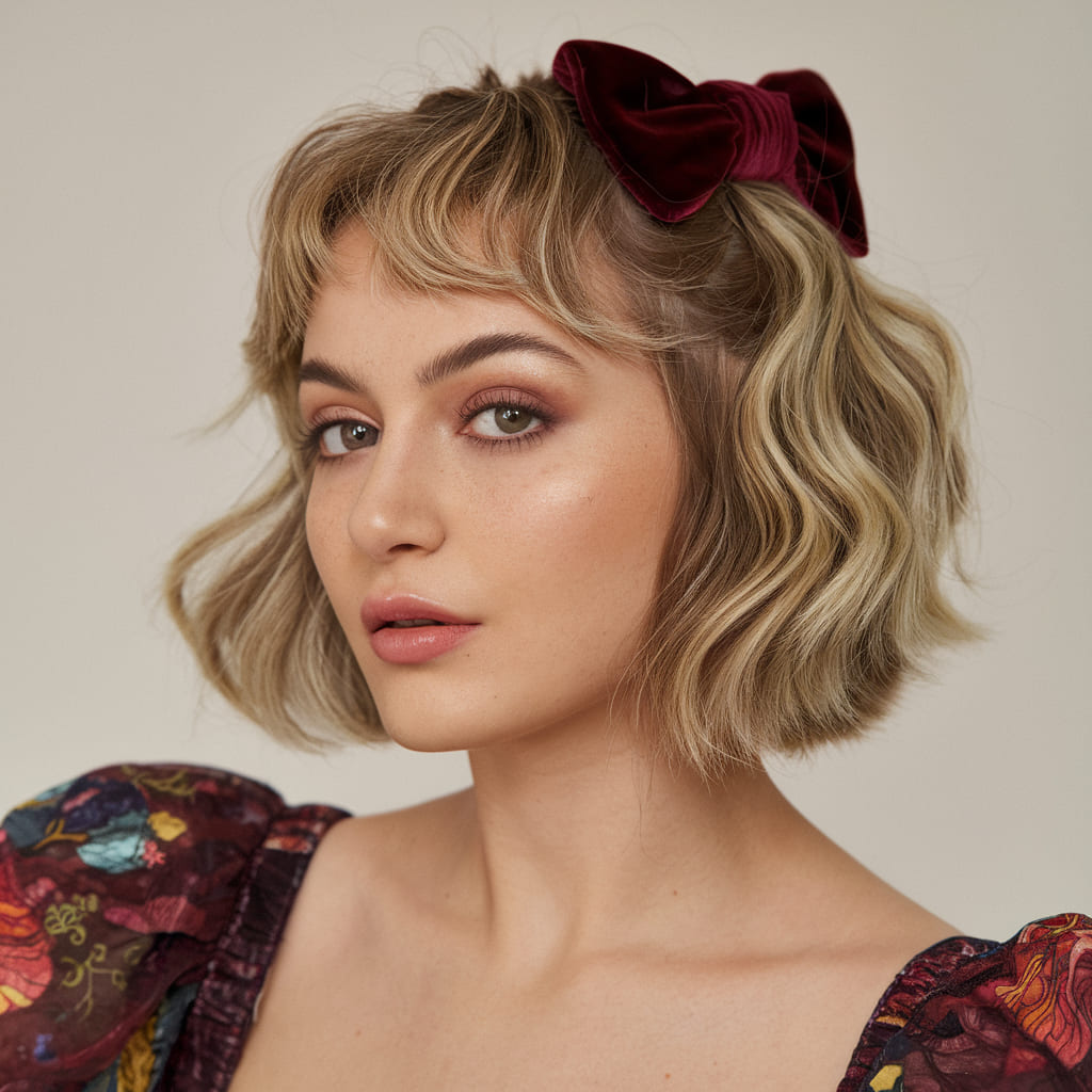 Wavy Bob with a Velvet Hair Bow