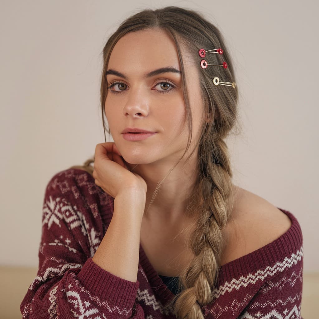 Braided Low Bun with Red and Gold Pins