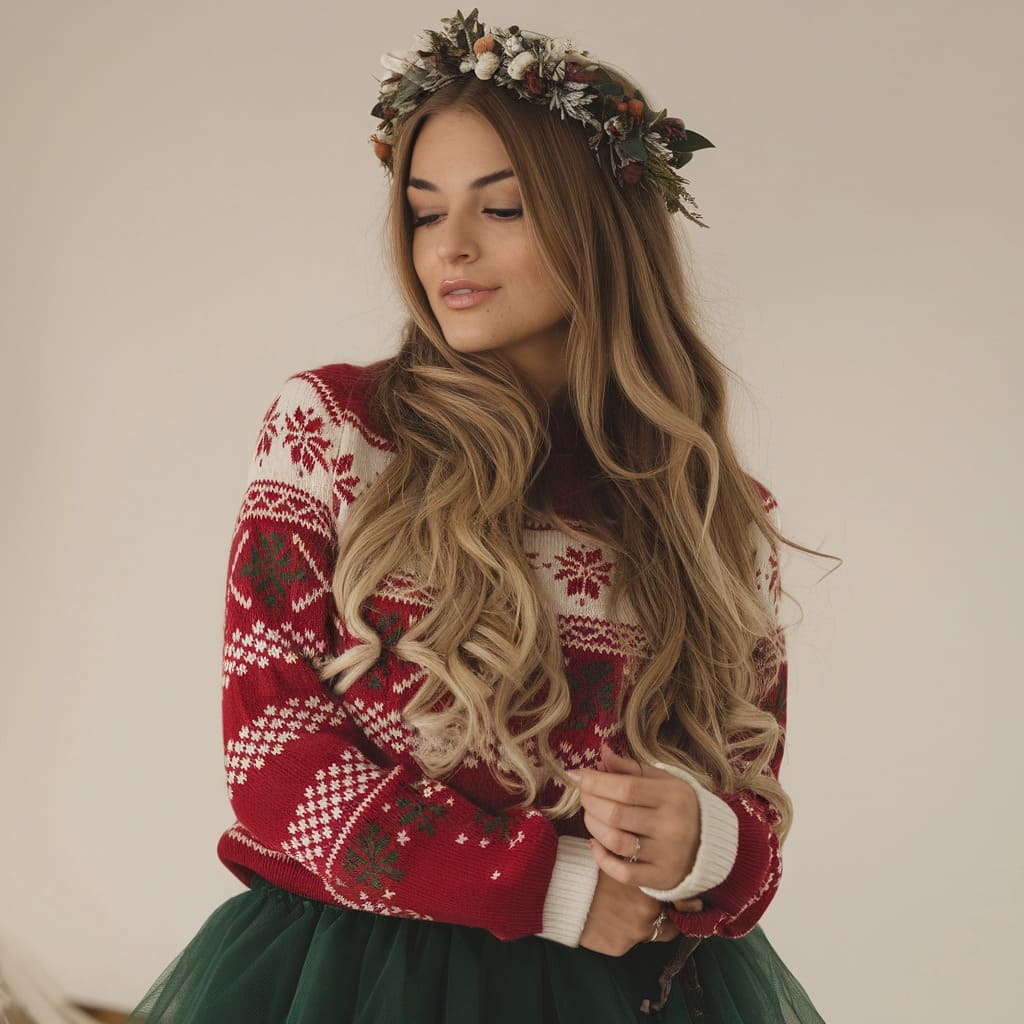 Cascading Curls with Festive Flower Crown