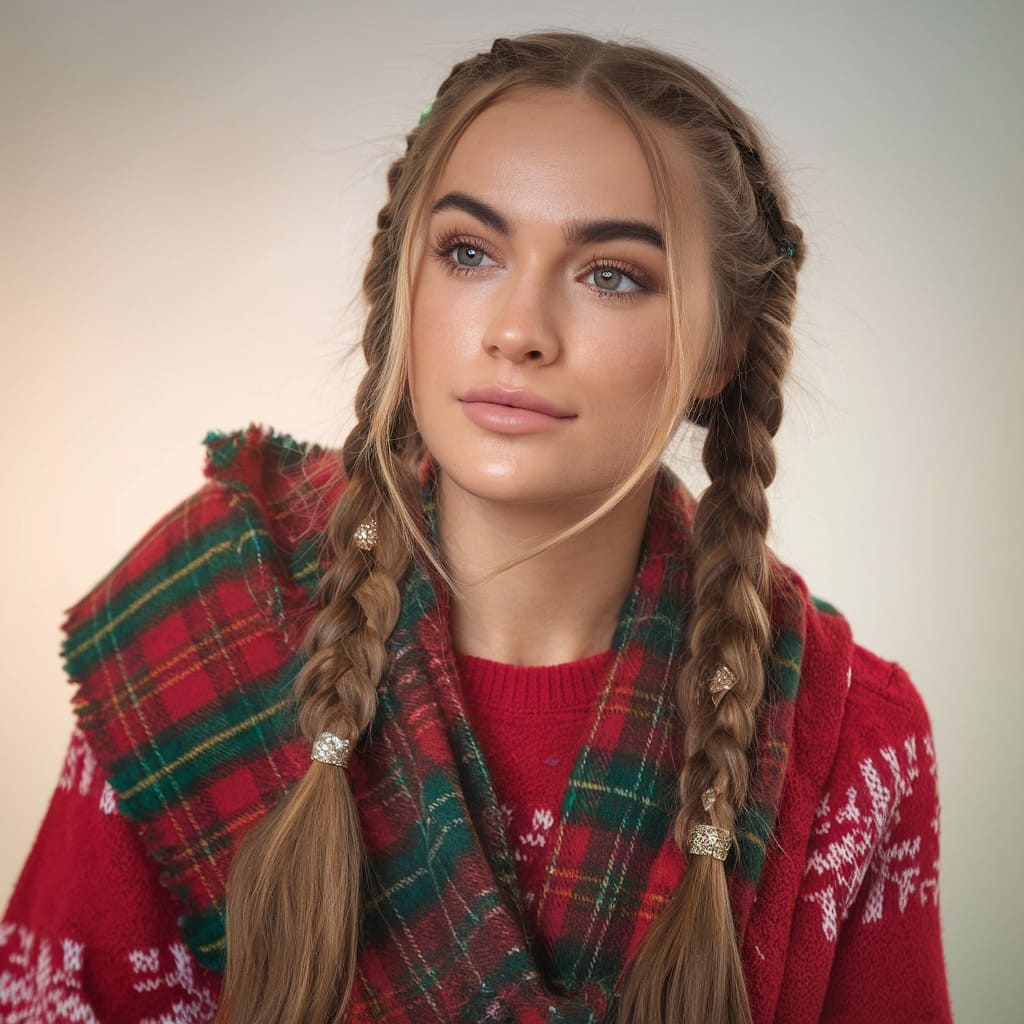 Double French Braids with Sparkling Hair Ties