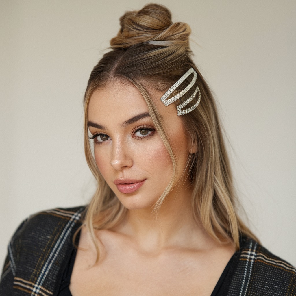 Half-Up Twisted Bun with Sparkling Hair Clips